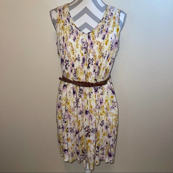 Old Navy Floral Yellow Purple Pleated Round Neck Sleeveless Sun Minidress Small - Picture 1 of 13